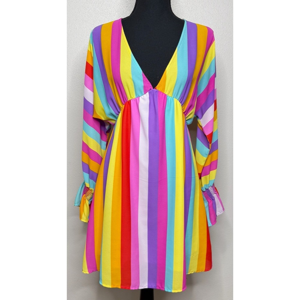 Peach Love California Rainbow Stripe Mini Dress Bell Sleeve Women's S Boho